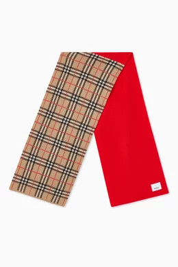 Shop Burberry Red Colour-Block Vintage Check Merino Wool Scarf for KIDS |  Ounass Saudi Arabia