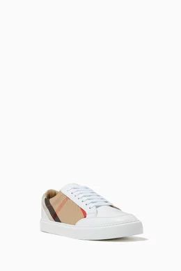 Shop Burberry Neutral Sneakers in Leather & House Check Cotton for WOMEN |  Ounass Saudi Arabia