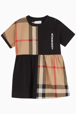 Shop Burberry Black Elena Check Panel Dress in Cotton Jersey for KIDS |  Ounass Qatar