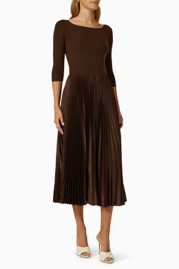 Shop Polo Ralph Lauren Brown Pleated Midi Dress in Jersey & Satin for WOMEN  | Ounass Saudi Arabia