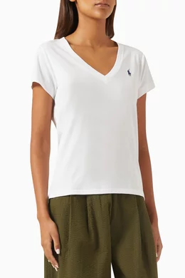 Shop Polo Ralph Lauren White Logo Embroidered V-neck T-shirt in  Cotton-jersey for WOMEN | Ounass Saudi Arabia
