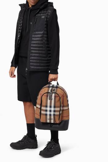 hover state of Large Backpack in Check Cotton Canvas & Leather   