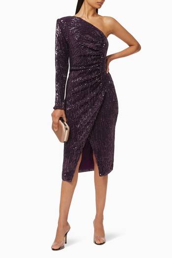 hover state of Ruched One Shoulder Dress with Sequin Embroidery