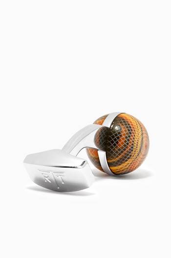 hover state of Guilloche Sphere Cufflinks in Rhodium-plated & Tiger Eye  