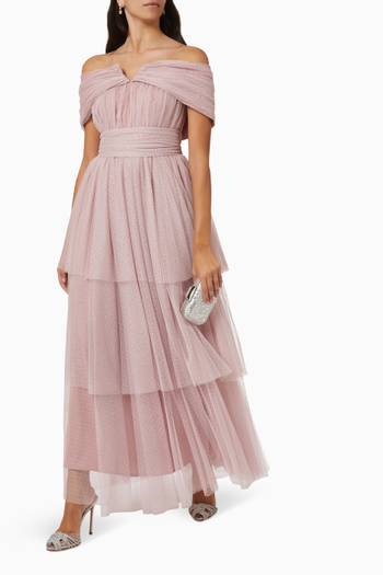 hover state of Off-the-shoulder Tiered Maxi Dress in Tulle Mesh 