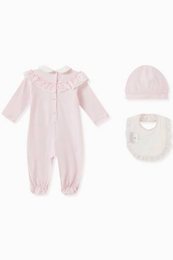 hover state of Ruffle Sleepsuit, Bib and hat, Set of Three