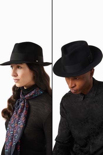 hover state of Wide Ribbon Fedora Hat in Rabbit Felt