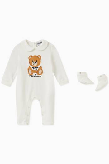 hover state of Teddy Toy & Logo Print Sleepsuit in Cotton Jersey