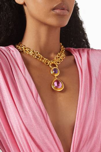 hover state of Santorini Chain & Double Quartz  Necklace in 24kt Gold-plated Brass