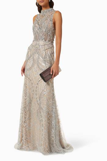 hover state of Embellished High-neck Gown in Mesh