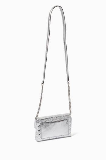 hover state of Kira Chevron Pavé Logo Chain Wallet in Metallic Leather