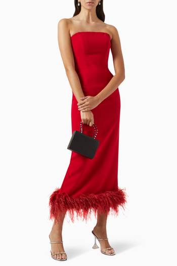 hover state of Strapless Feather-trim Midi Dress