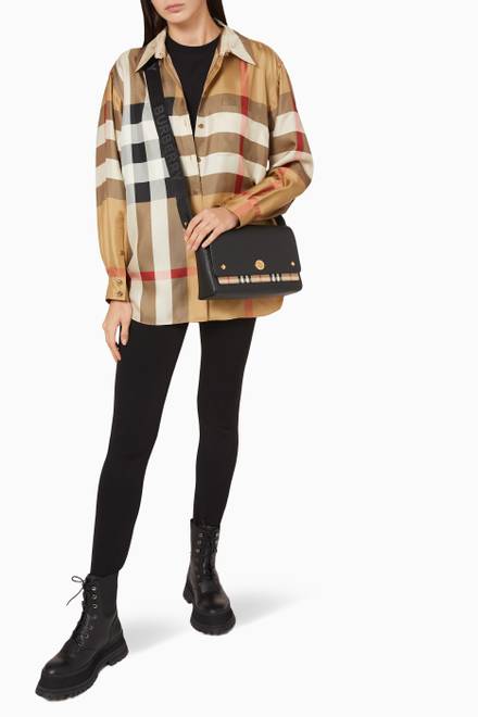 hover state of Note Crossbody Bag in Leather and Vintage Check Canvas  