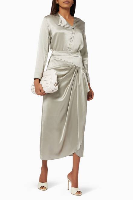 hover state of Draped Midi Skirt in Satin Silk     