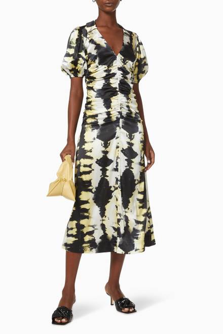 hover state of Tie-dye Ruched Midi Dress in Silk Satin   