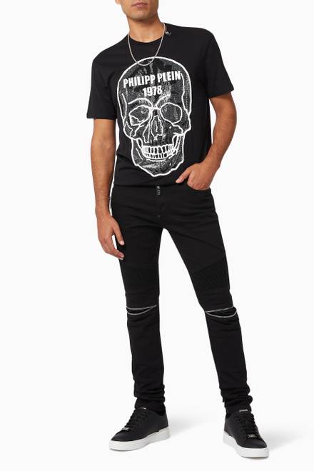 hover state of Skull Print T-shirt with Rhinestones Crystals