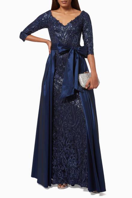hover state of Sequin Embellished Gown in Lace & Taffeta