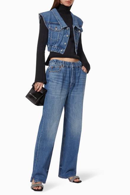 hover state of Ruched Waist Baggy Jeans in Stretch Denim     