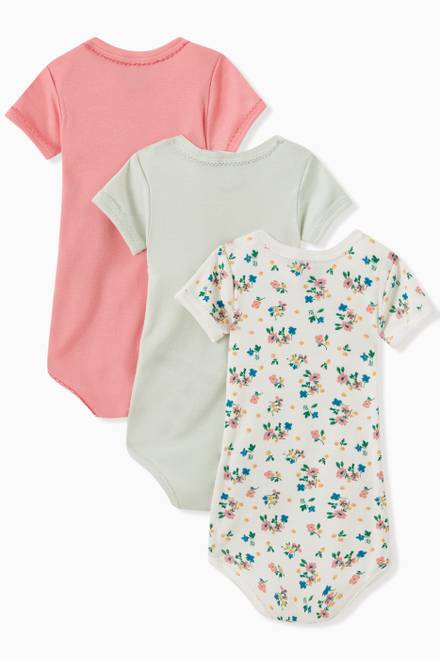 hover state of Short Sleeve Bodysuit in Floral Organic Cotton Rib Knit, Set of 3  