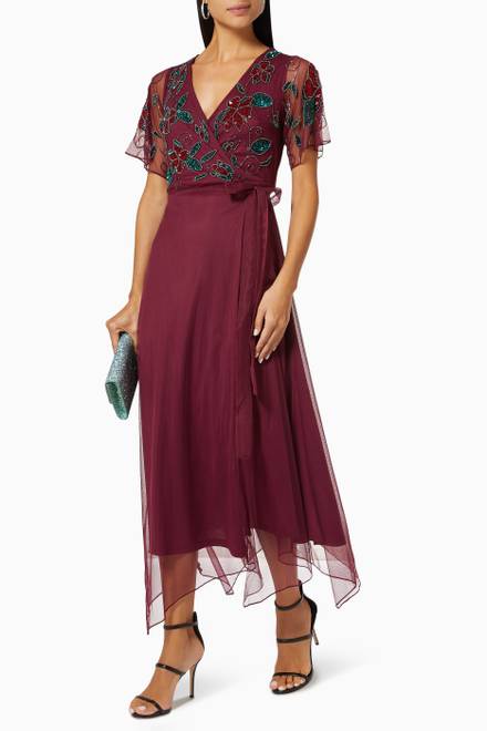 hover state of فستان ايموجين بتصميم ملفوف متوسط الطول قماش شبكي مطرز
