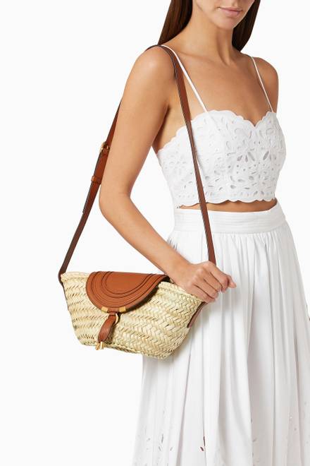 hover state of Small Marcie Basket Bag in Raffia & Grained Calfskin    