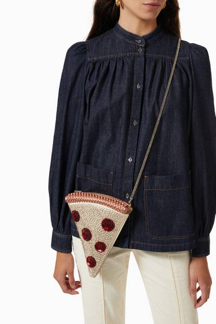 hover state of Slice 3D Pizza Crossbody Bag in Embellished Satin 
