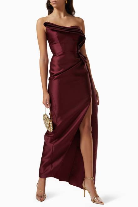 hover state of Pleated & Draped Off-shoulder Gown in Taffeta   