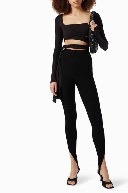 hover state of Long Sleeve Draped Tie Top in Ribbed Knit  