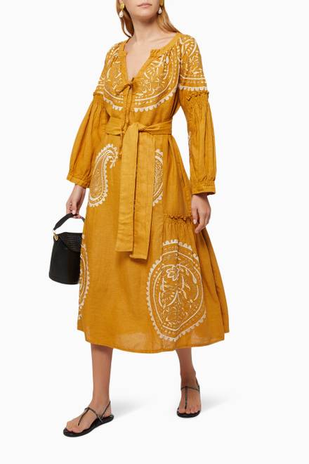hover state of Contrast Embroidered Dress in Linen   