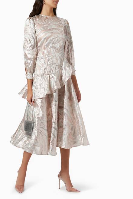 hover state of Asymmetric Peplum Dress in Metallic Jacquard   