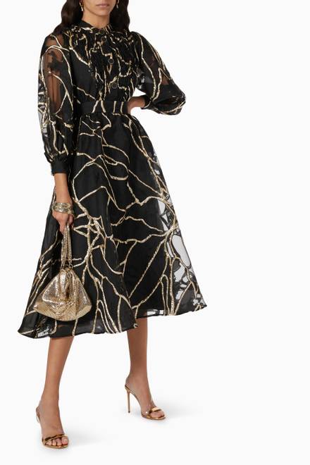 hover state of Puff Sleeve Dress in Metallic Jacquard   