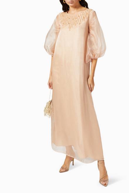 hover state of Puff Sleeve Beaded Dress in Organza   
