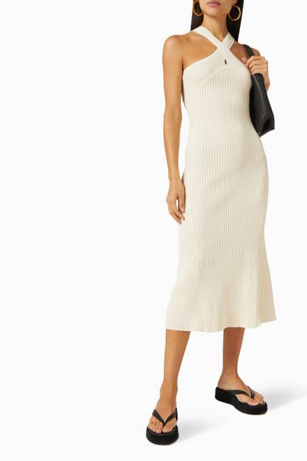 hover state of Cross Halter Midi Dress in Ribbed Viscose Knit 