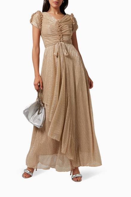hover state of Ruffle Trim Maxi Dress in Crinkle Lurex 