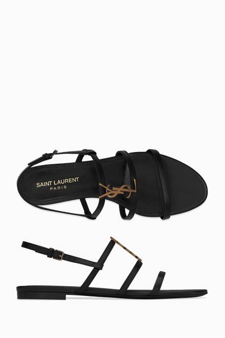 Shop SAINT LAURENT Black Cassandra Monogram Flat Sandals in Patent Croc ...