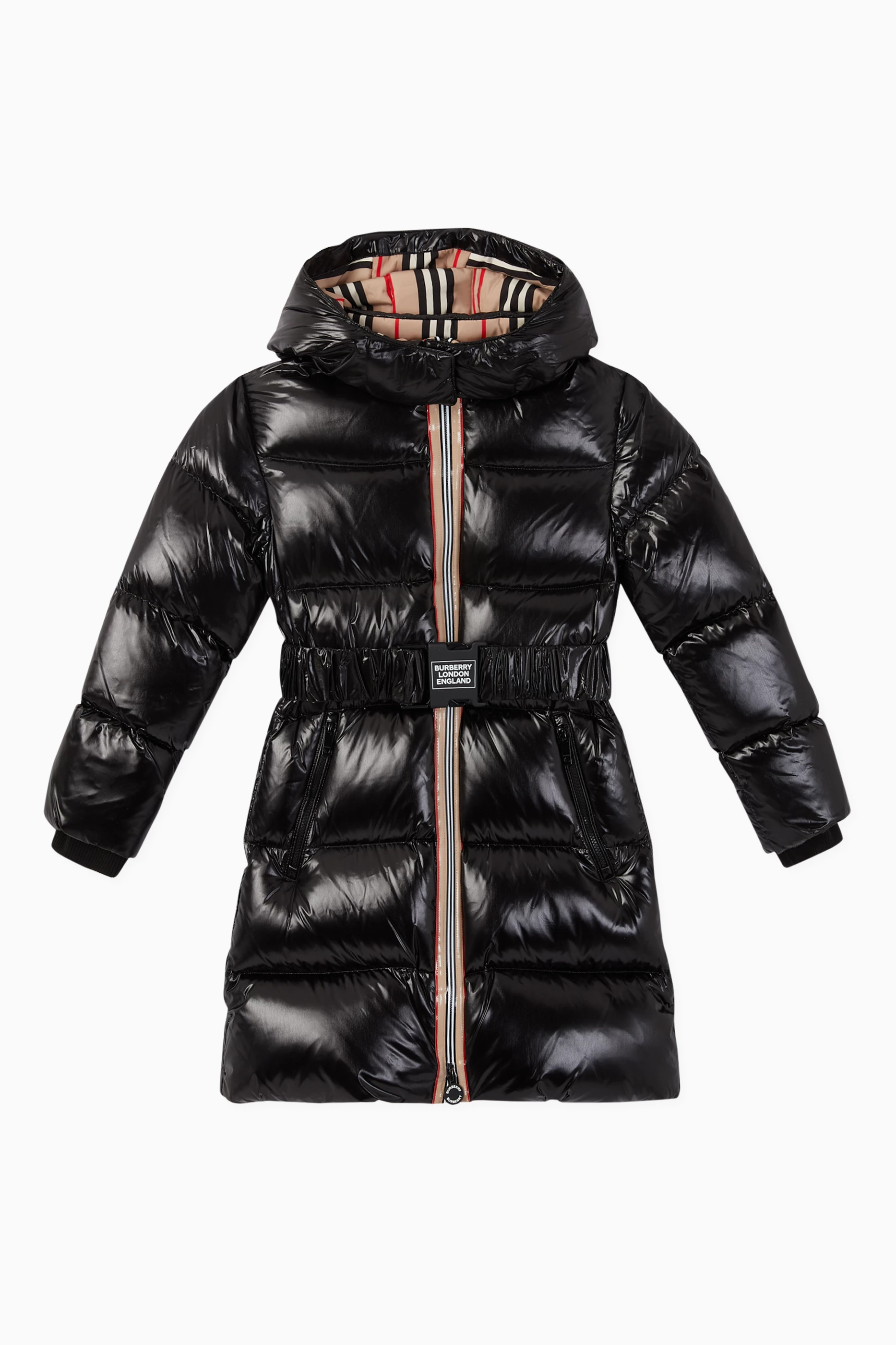 Shop Burberry Black Icon Stripe Down-Filled Puffer Coat for KIDS | Ounass  Saudi Arabia