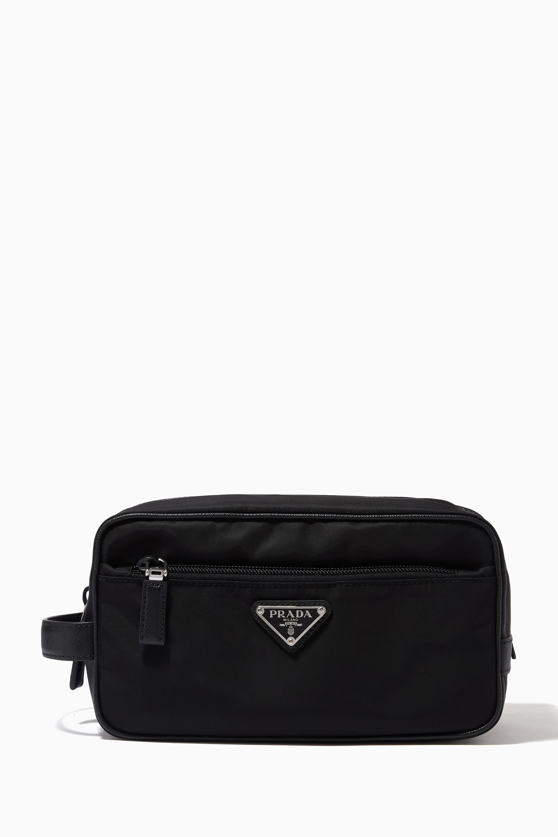 Shop Prada Black Triangle Logo Travel Pouch in Re-Nylon & Saffiano Leather  for MEN | Ounass Saudi Arabia
