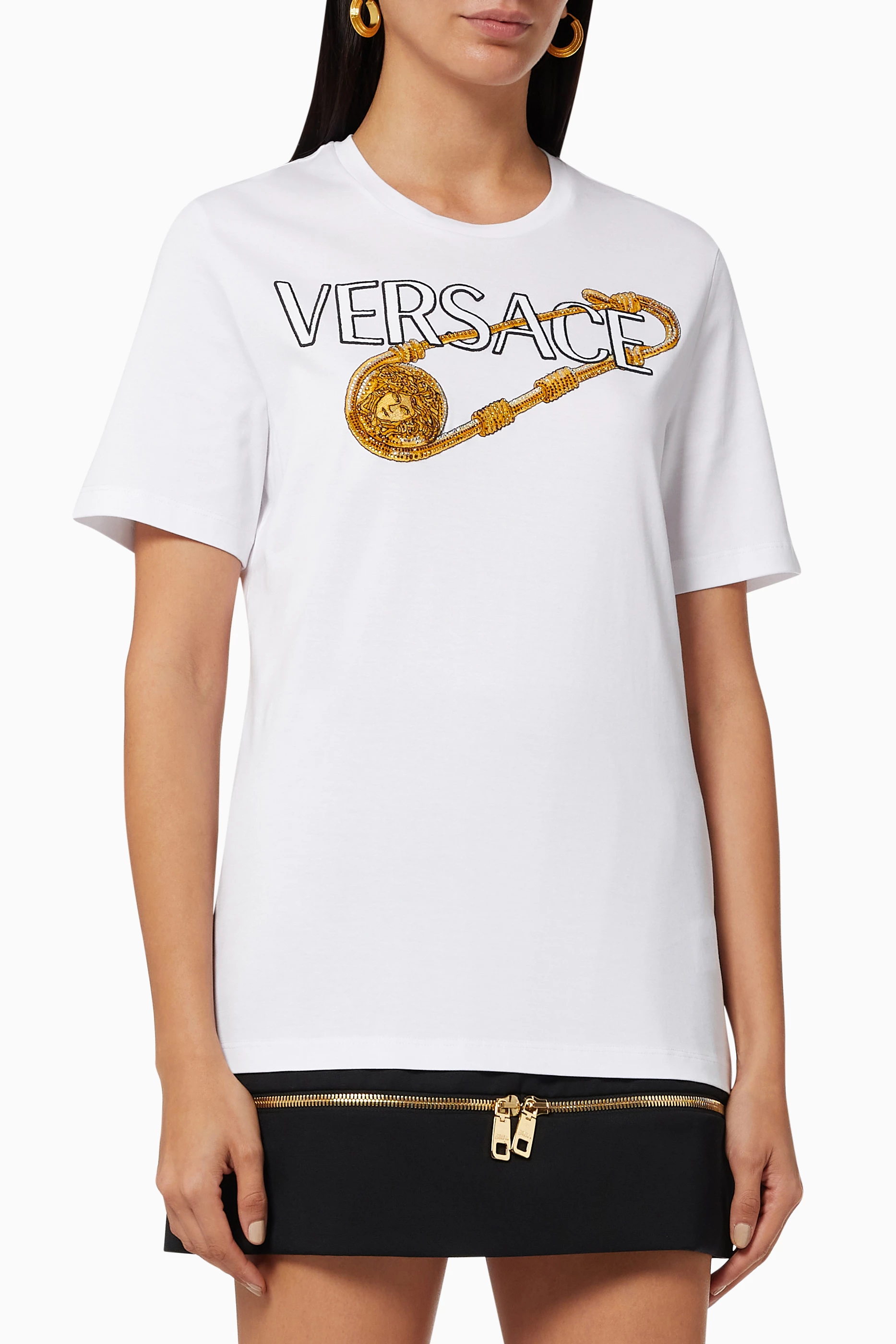 Shop Versace White Safety Pin Embroidered T-shirt in Cotton ...