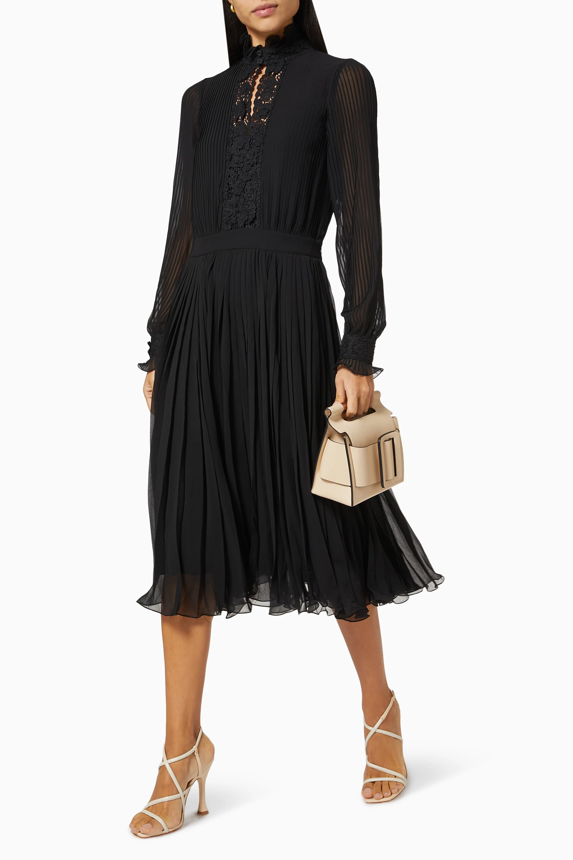 Shop Polo Ralph Lauren Black Lace Trim Pleated Midi Dress in Georgette for  WOMEN | Ounass Saudi Arabia