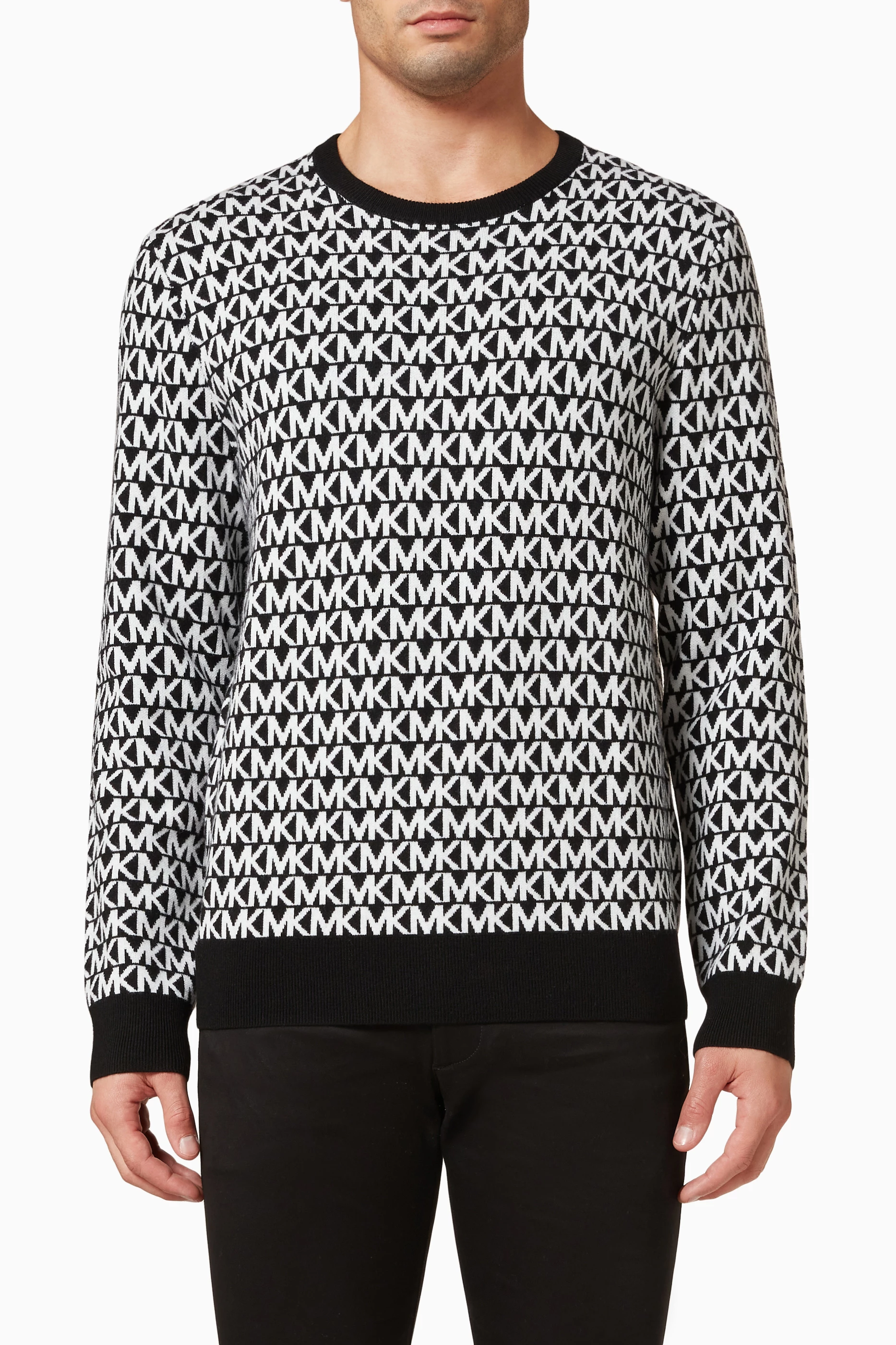 Shop Michael Kors Black Logo Jacquard Sweater in Merino Wool for MEN |  Ounass Saudi Arabia