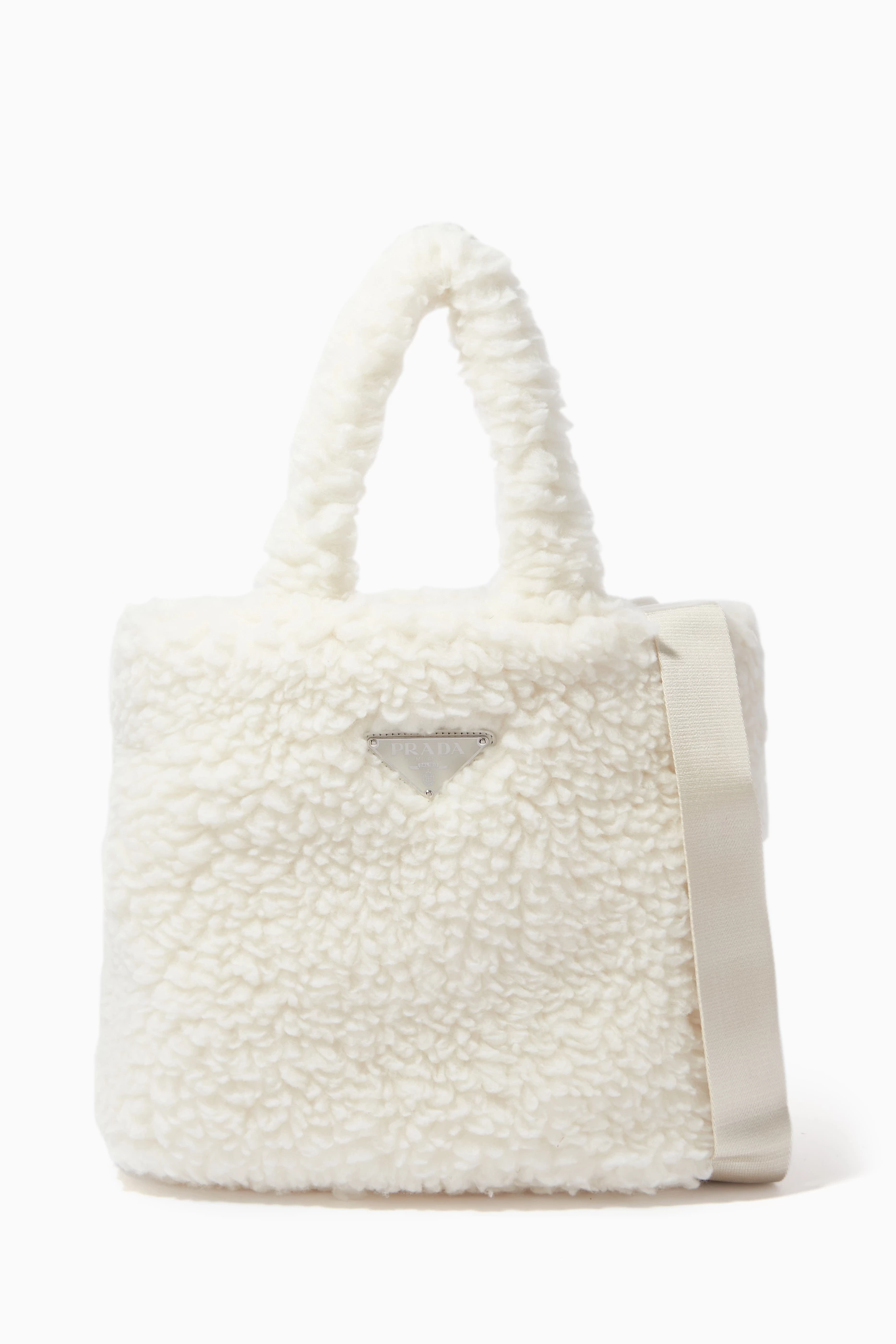 Shop Prada Neutral Triangle Logo Large Tote Bag in Wool & Cashmere for  WOMEN | Ounass Saudi Arabia