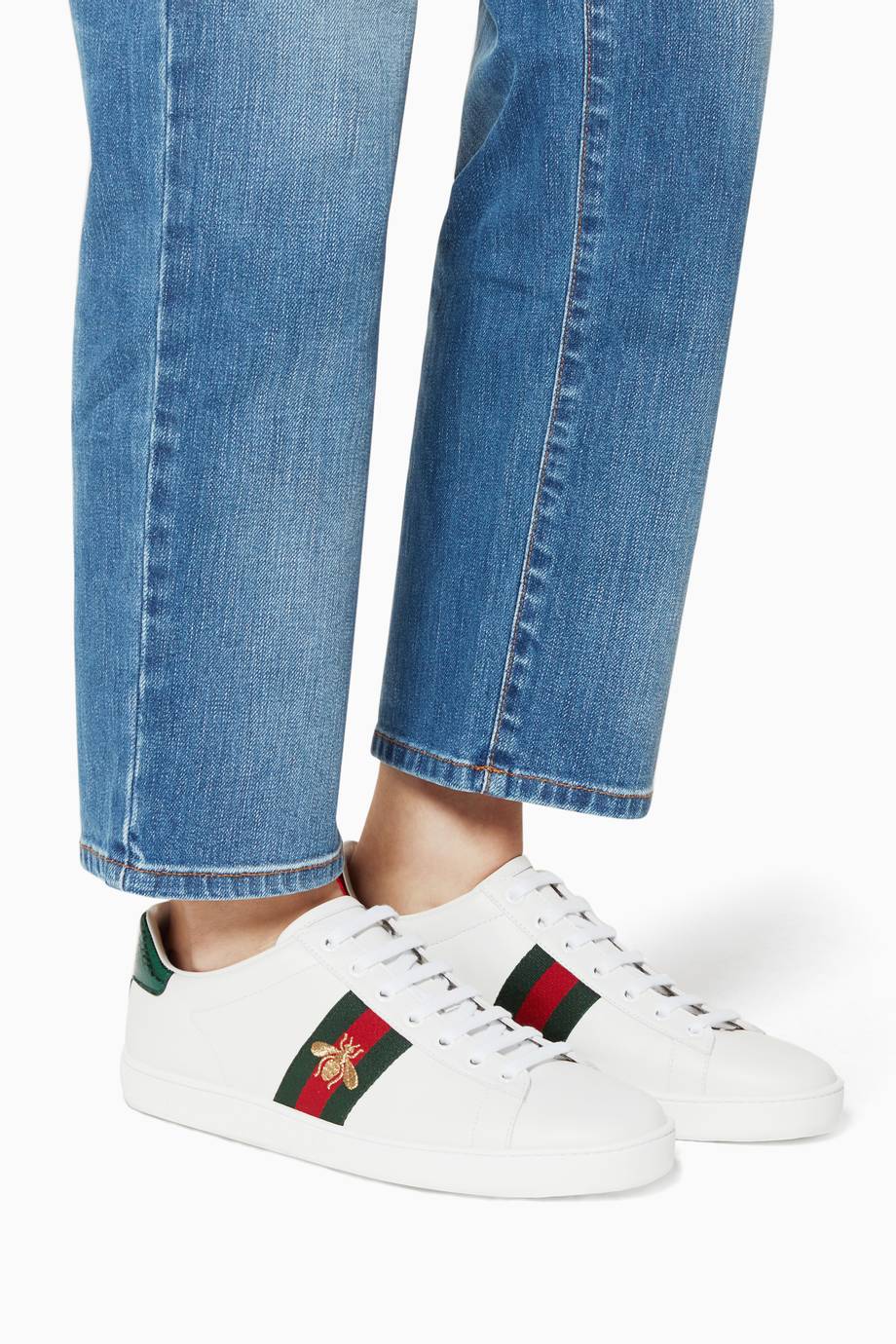 Shop Luxury Gucci White Ace Bee-Embroidered Sneakers ...
