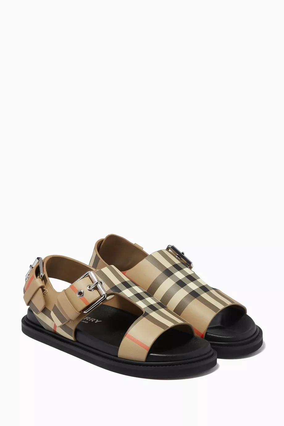 Shop Burberry Neutral Vintage Check Sandals in Leather for KIDS | Ounass  Saudi Arabia
